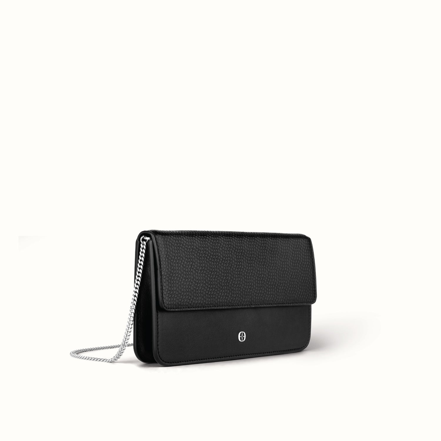 Ferronato Stella Bag — Angled view showing the smooth leather texture and structured shape #color_jet black