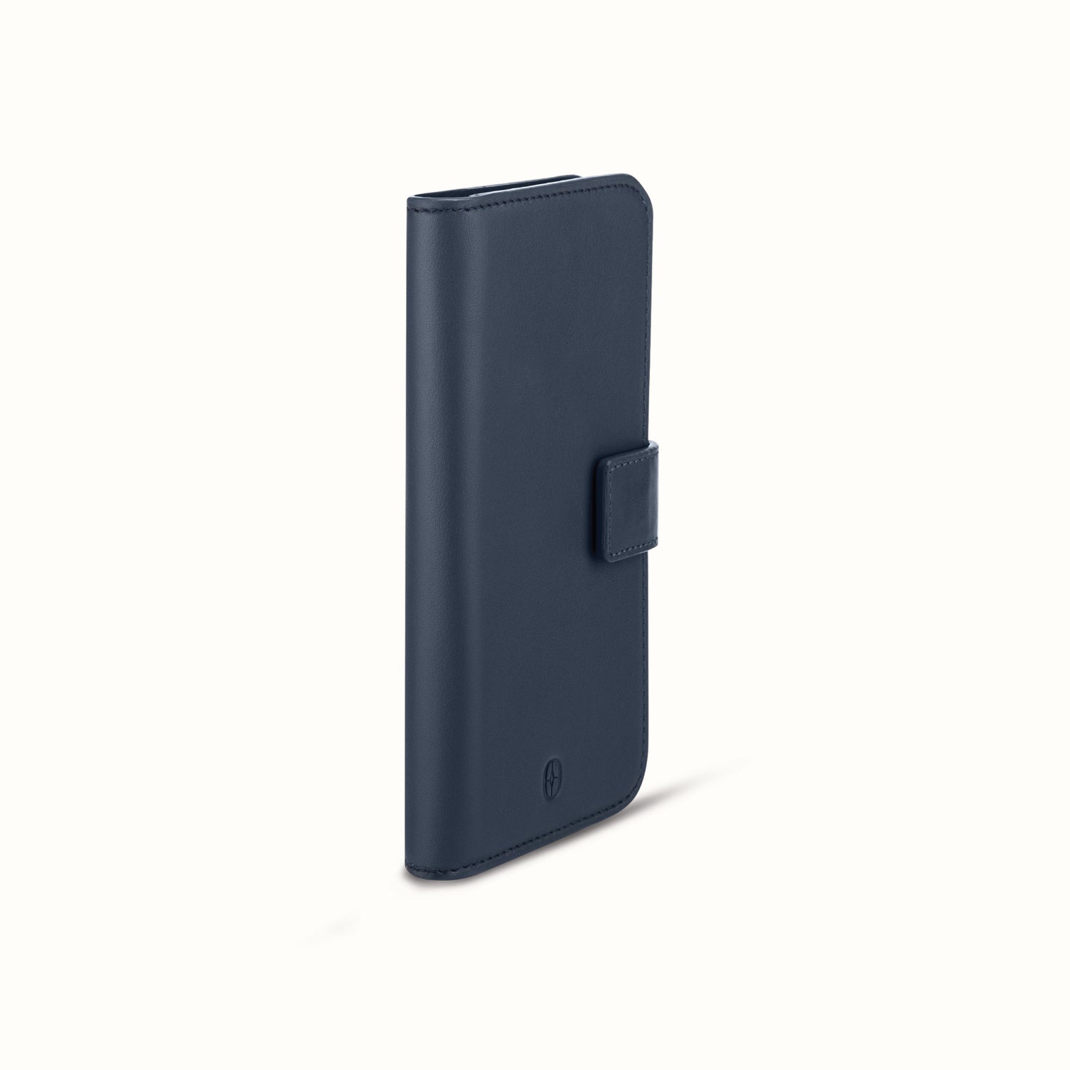 Ferronato Nova Phone Cover — Angled view of the cover closed, emphasizing the slimness and structure of the Italian calf leather #color_blue sapphire