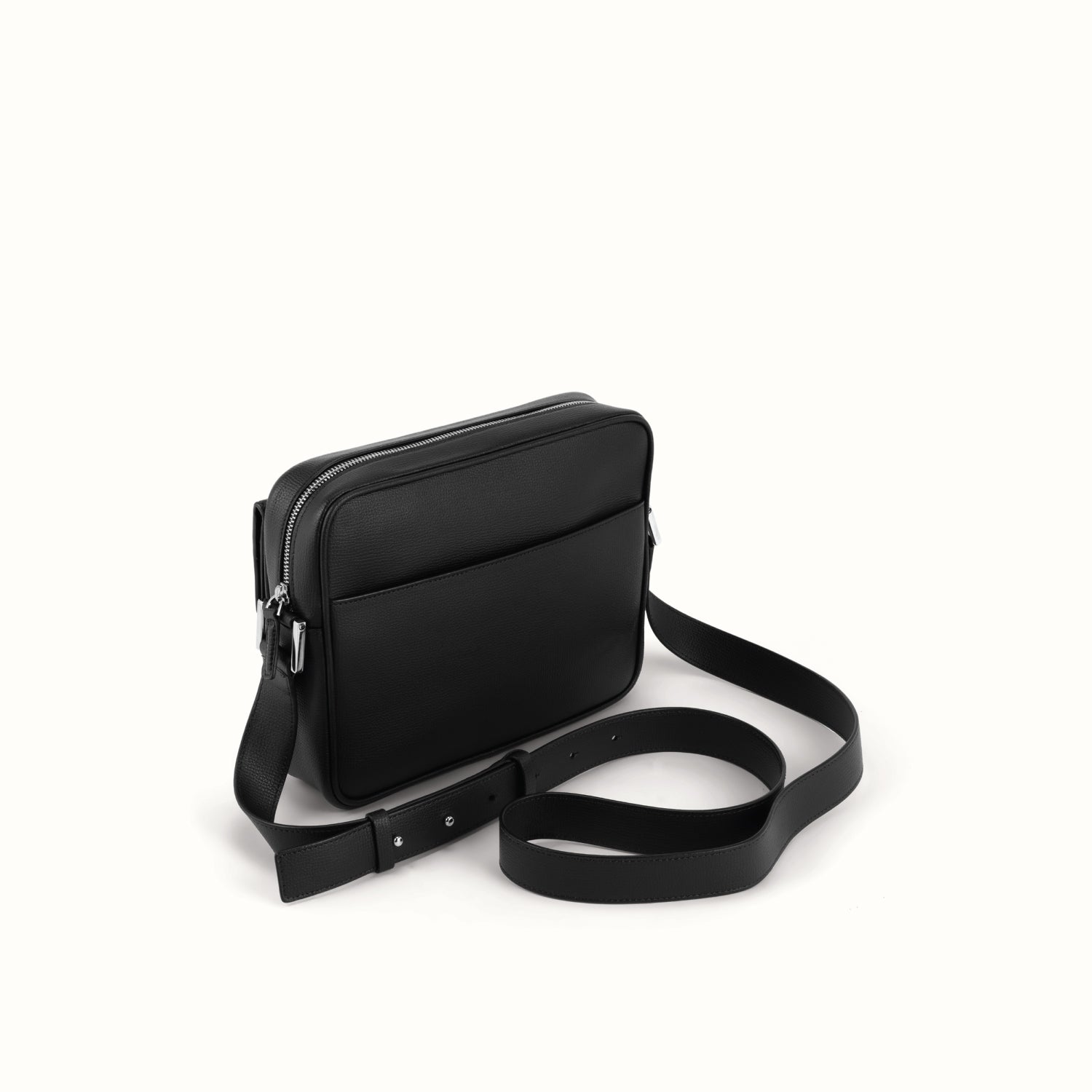 angled view showing the top zipper and adjustable shoulder strap #color_jet black