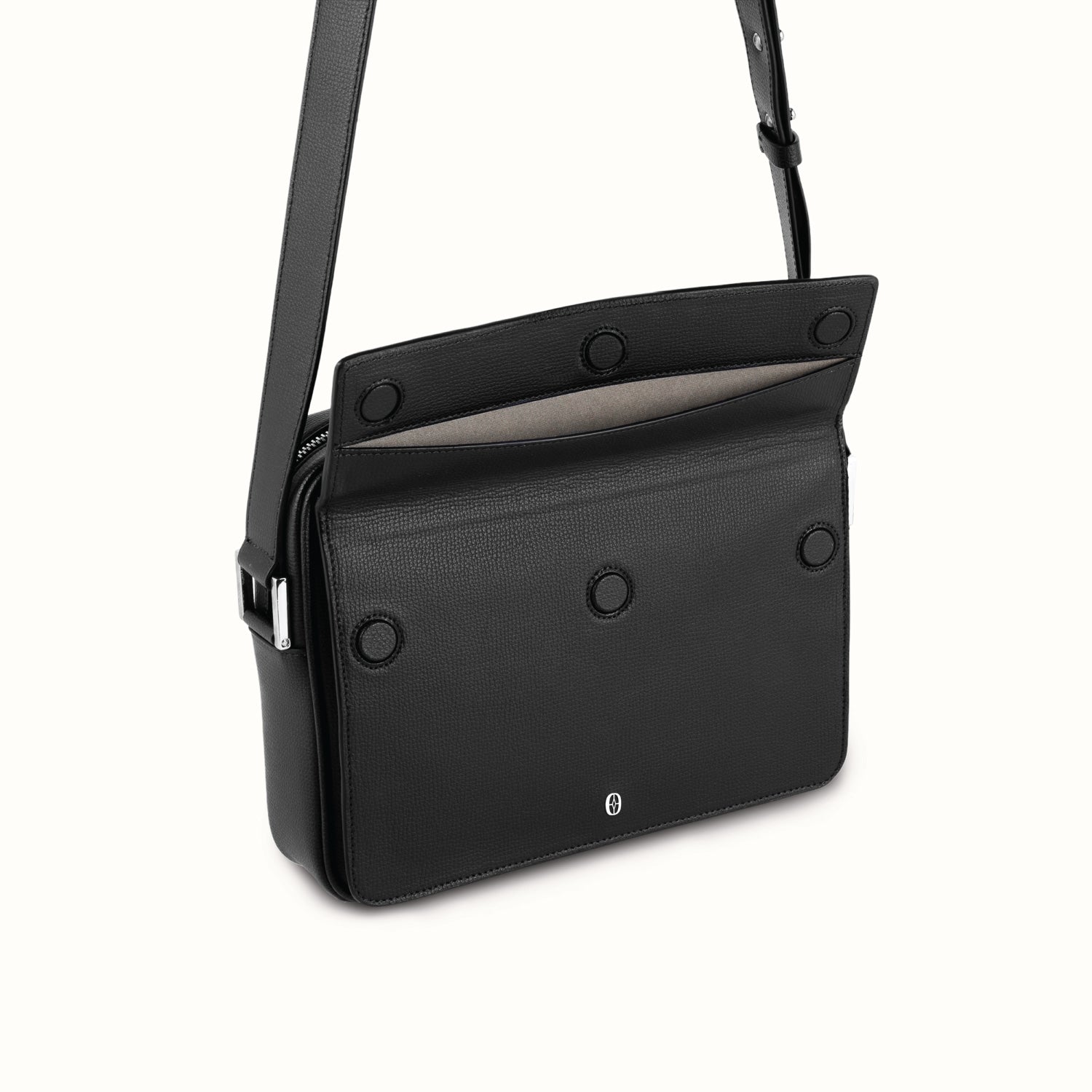Ferronato Calmo Crossbody Bag, open view showing the internal compartment and organization #color_jet black
