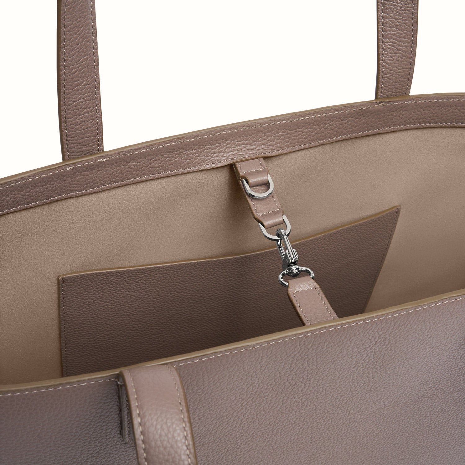 Luxury leather bag stitching detail #color_Serene Taupe
