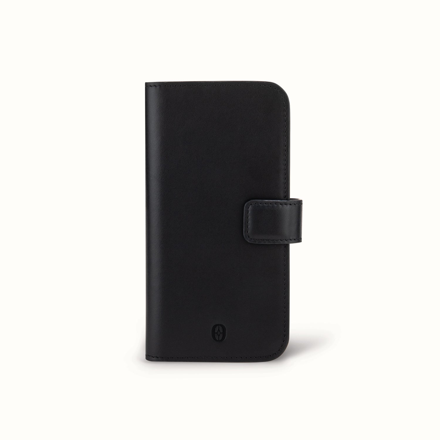 Ferronato Nova Phone Cover — Closed front view, highlighting the elegant Italian calfskin leather and seamless finish #color_jet black