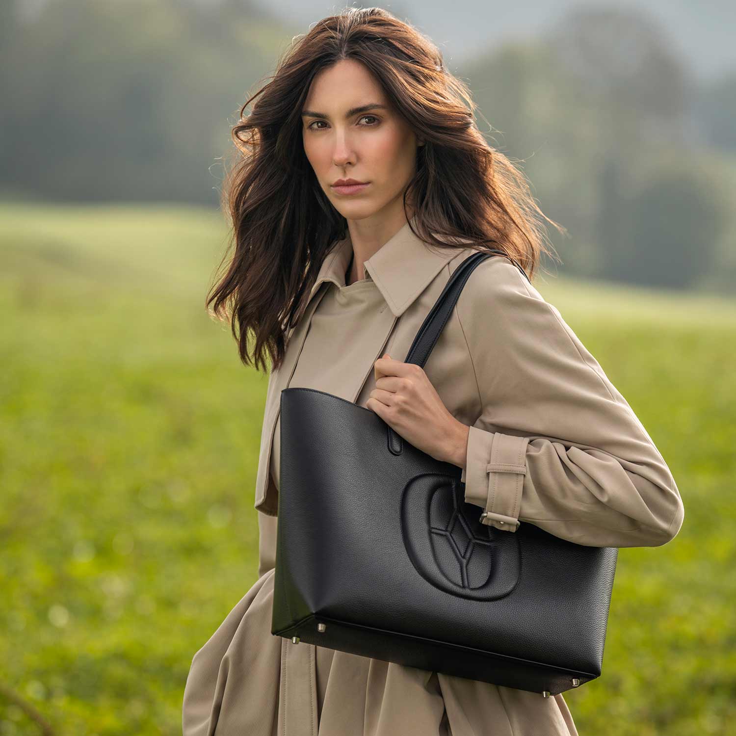 Ferronato RFID luxury tote bag on model #color_Jet Black