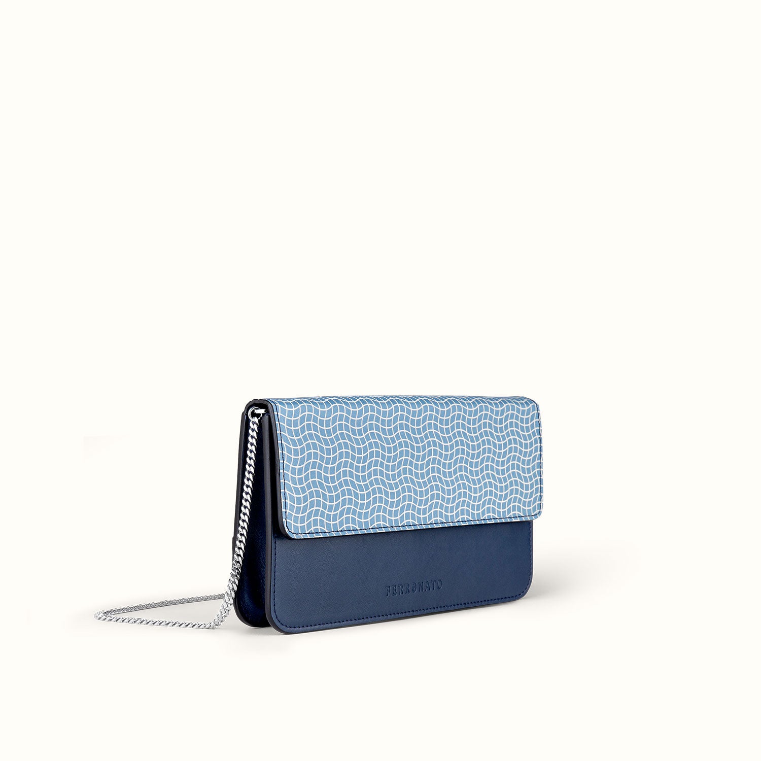Ferronato Sole Bag - Chain angled view, highlighting the structured design and soft calf leather #color_blue sapphire