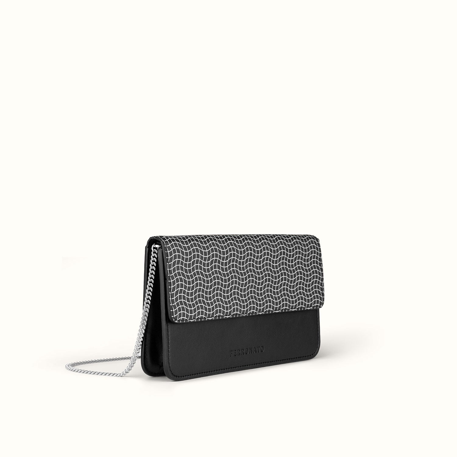 Ferronato Sole Bag - Chain angled view, highlighting the structured design and soft calf leather #color_onyx black