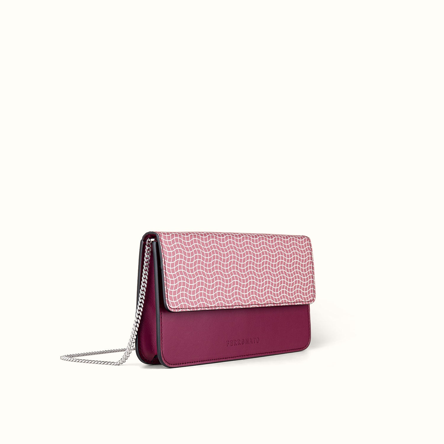 Ferronato Sole Bag - Chain angled view, highlighting the structured design and soft calf leather #color_ruby rose
