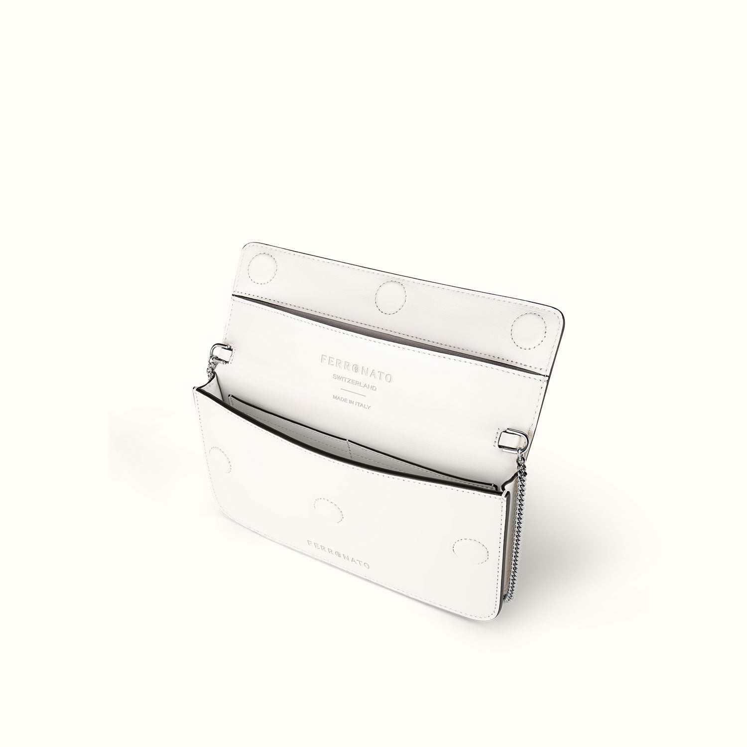 Ferronato women’s RFID tote on model #color_Pearl White