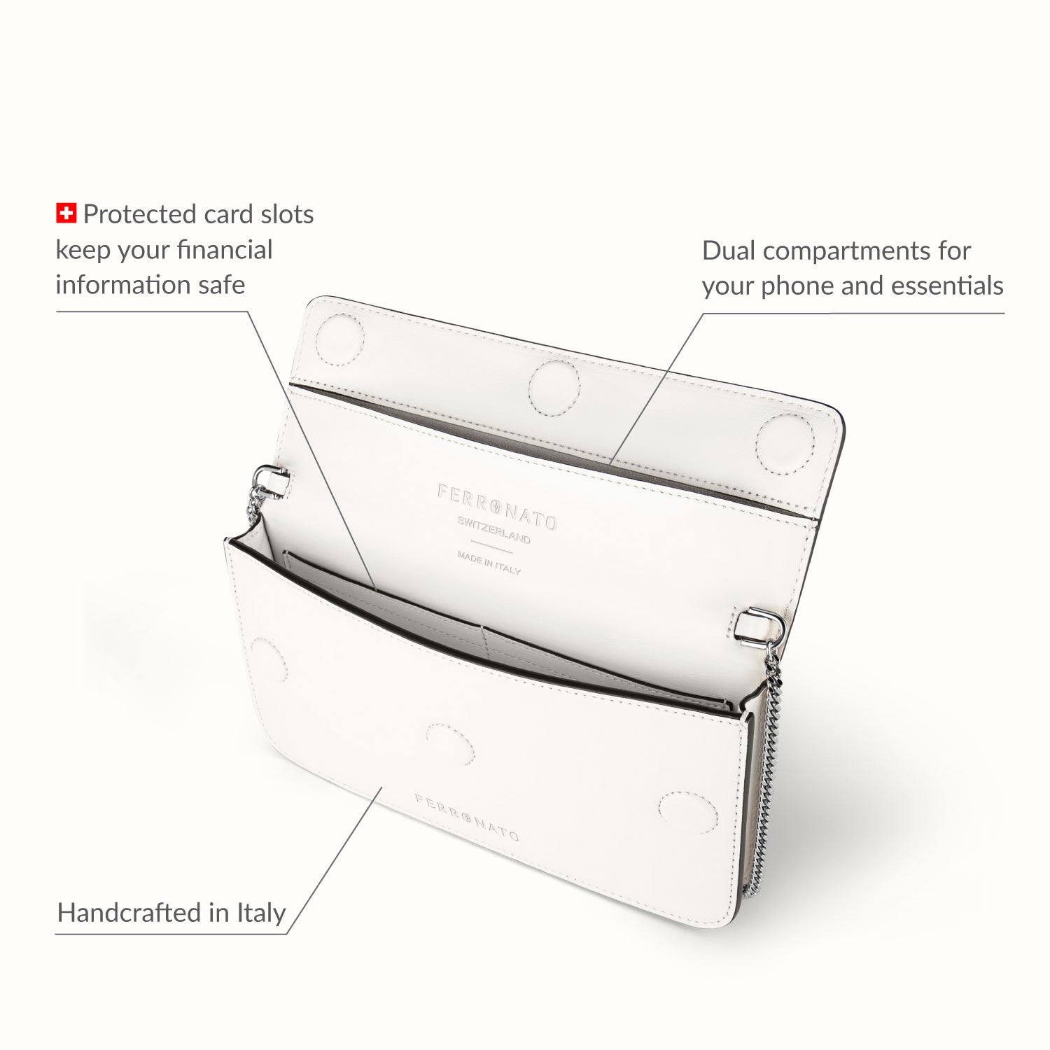 Ferronato women’s RFID tote on model #color_Pearl White
