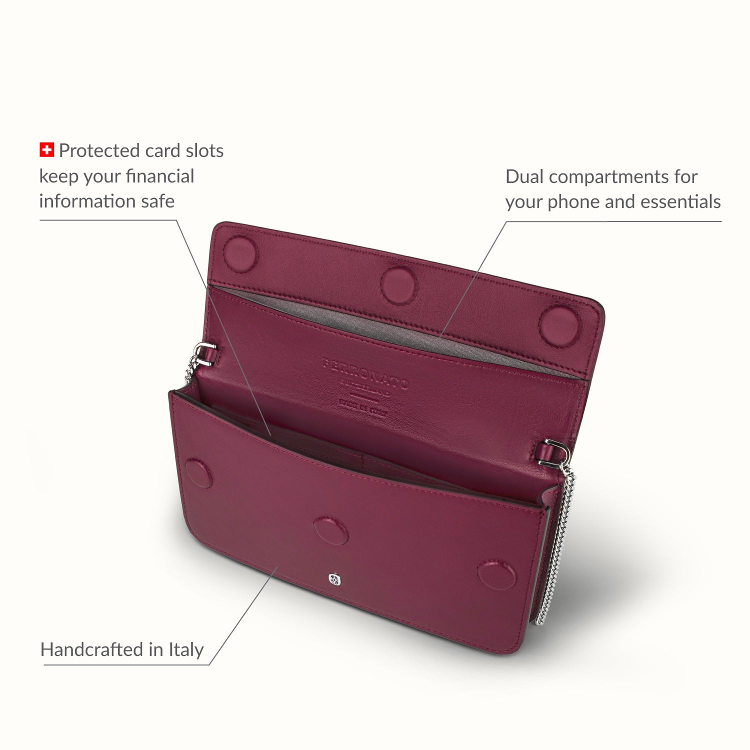 Ferronato women’s RFID tote on model #color_Ruby Rose