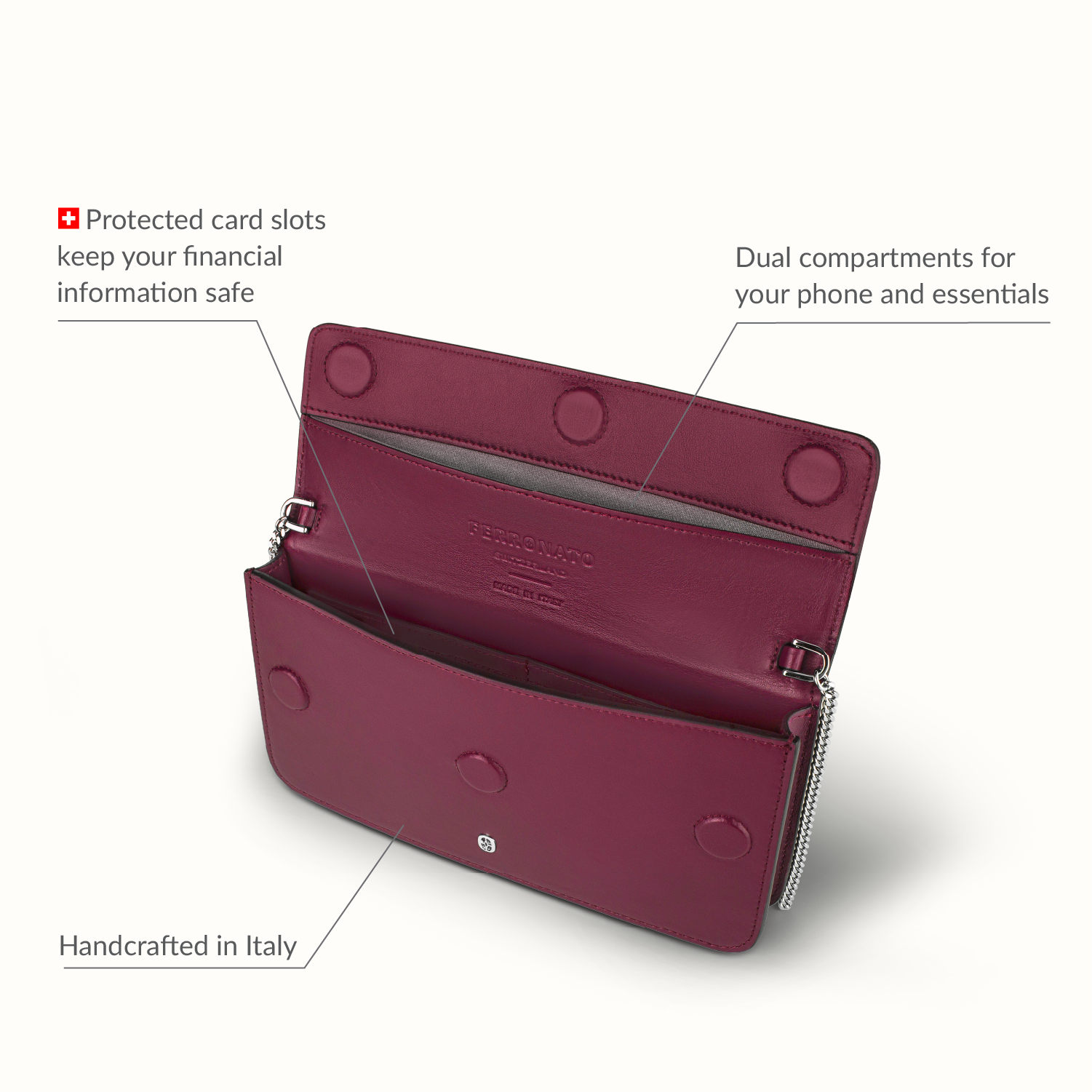 Ferronato women’s RFID tote on model #color_Ruby Rose