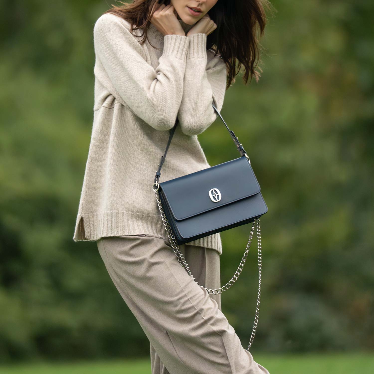 Ferronato women’s hand bag on model #color_Blue Sapphire